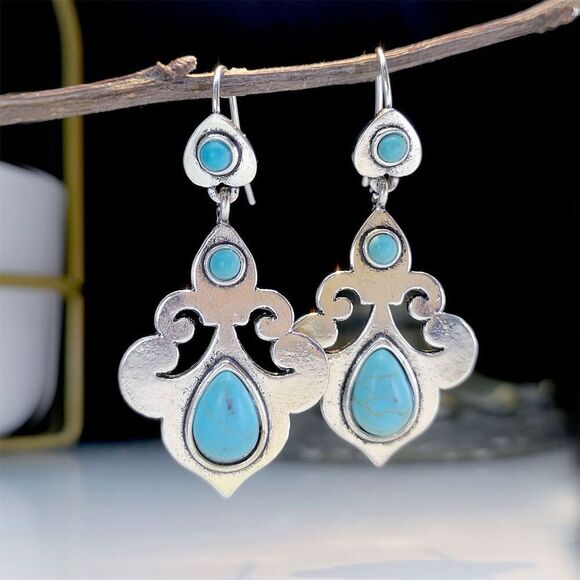Faux Turquoise & Silver Tone Bold Filigree Dangle Hook Earrings for Women - Picture 1 of 10